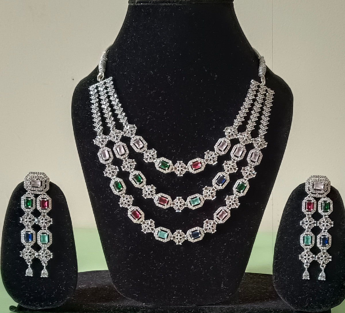 AD Triple Layer Floral Multi Colour Premium Necklace Set