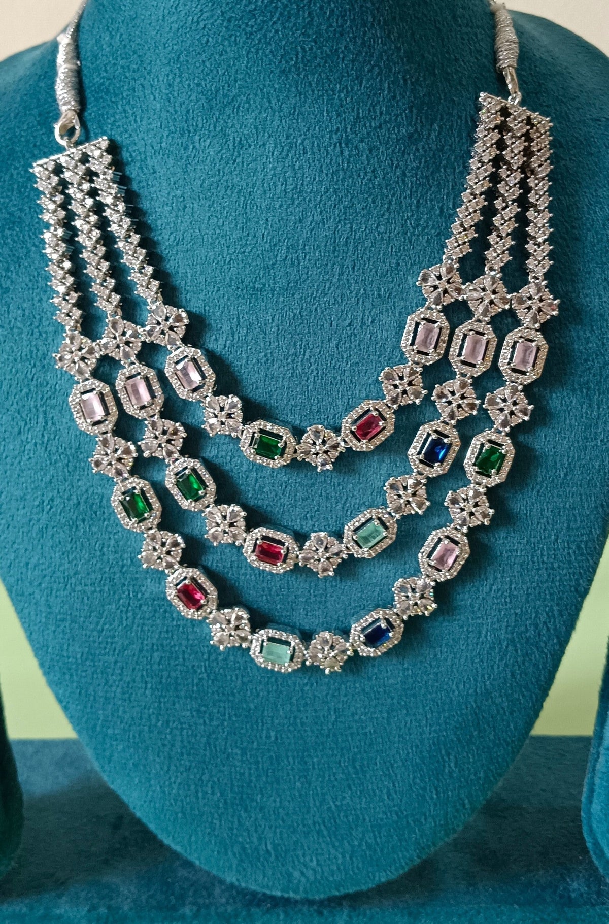 AD Triple Layer Floral Multi Colour Premium Necklace Set