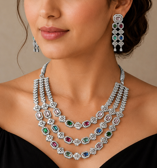 AD Triple Layer Floral Multi Colour Premium Necklace Set