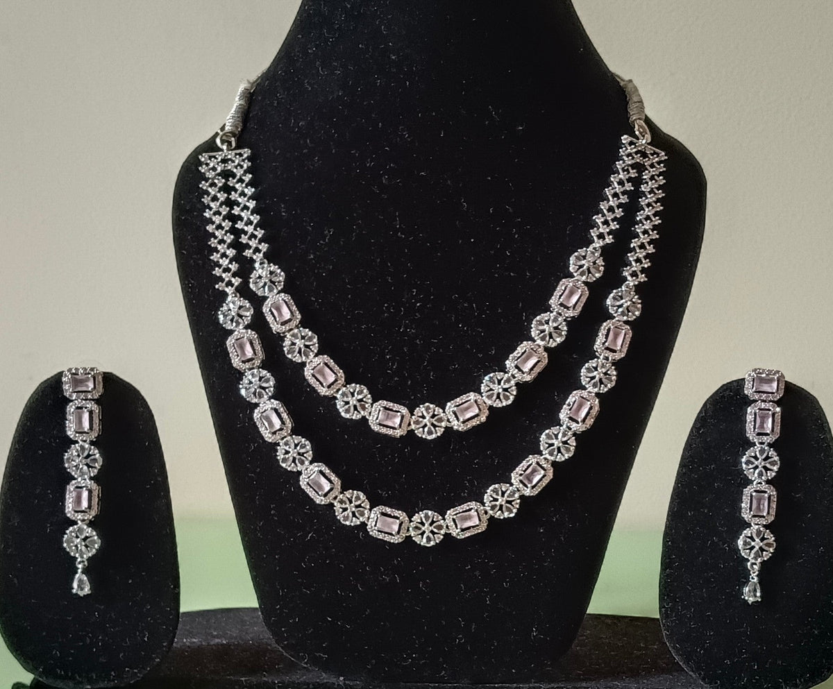 AD Double Layer Floral Pink Stone Necklace Set