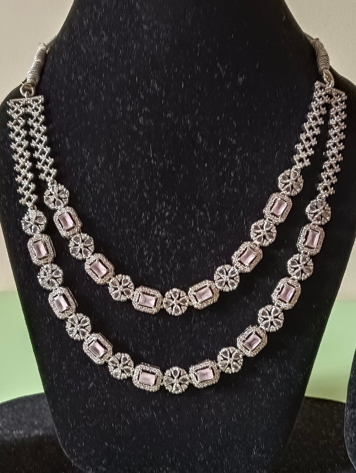 AD Double Layer Floral Pink Stone Necklace Set