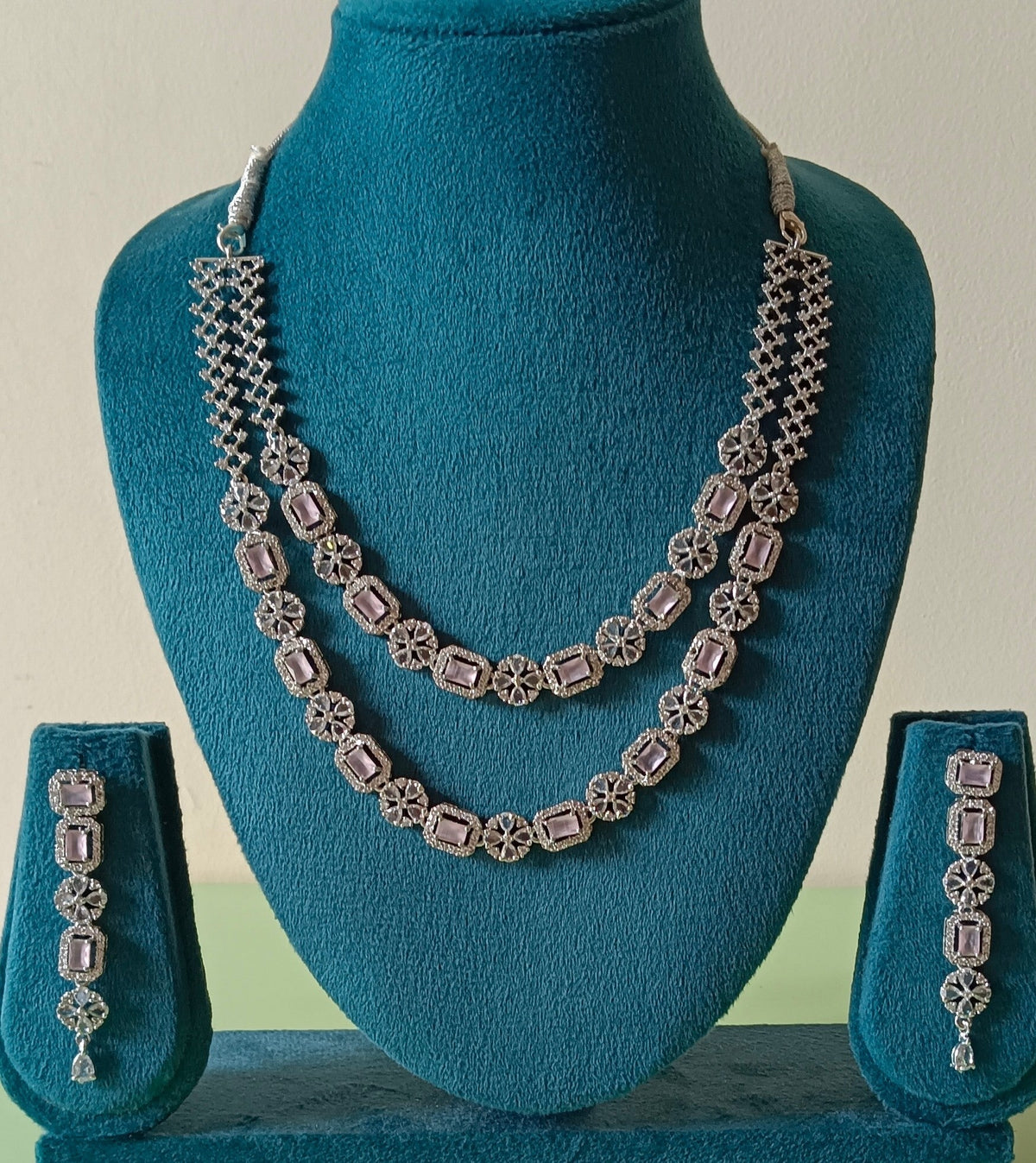AD Double Layer Floral Pink Stone Necklace Set
