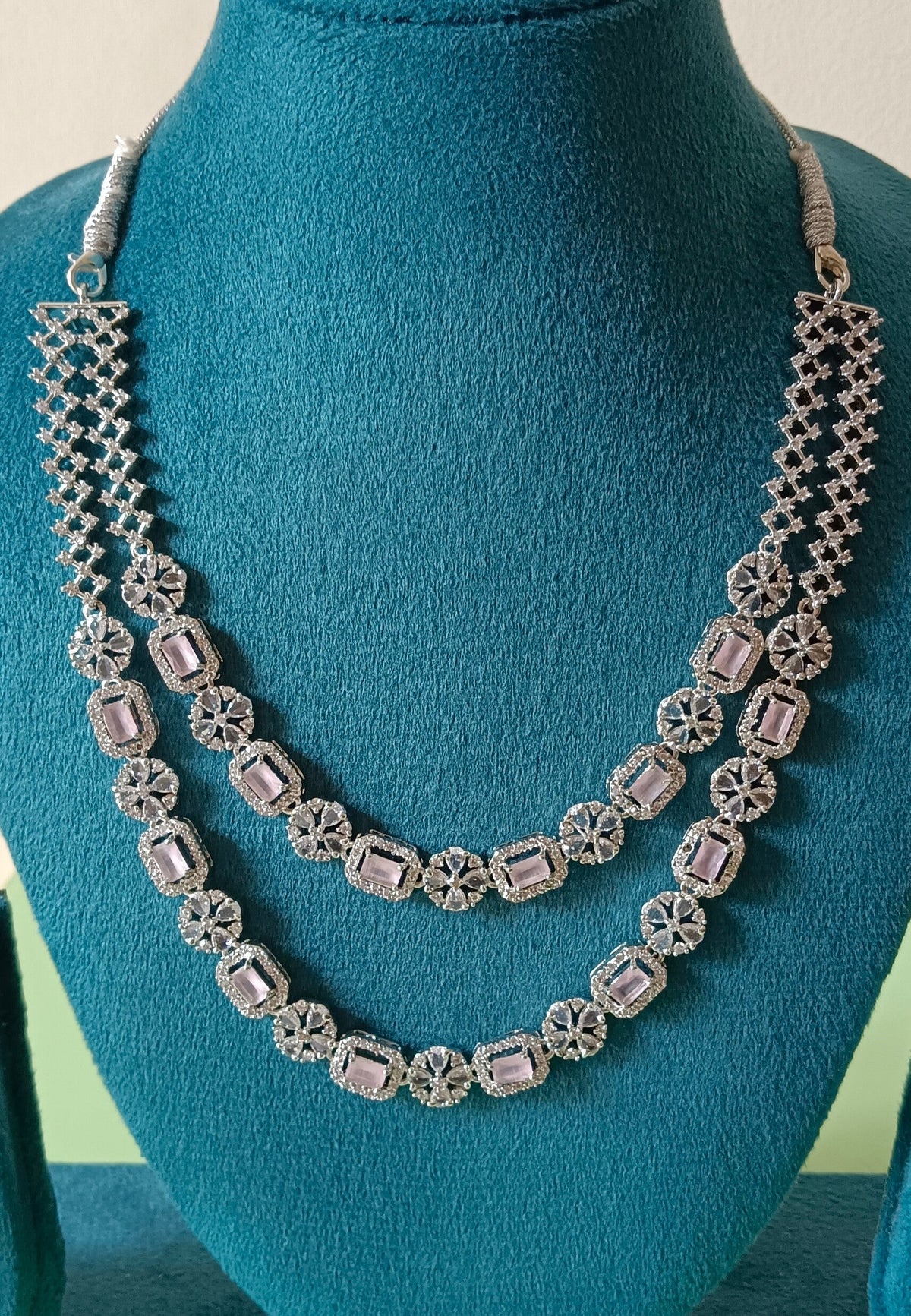 AD Double Layer Floral Pink Stone Necklace Set