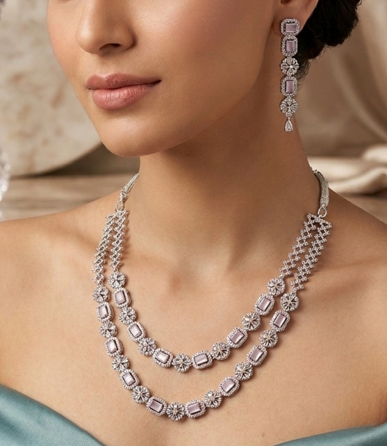 AD Double Layer Floral Pink Stone Necklace Set