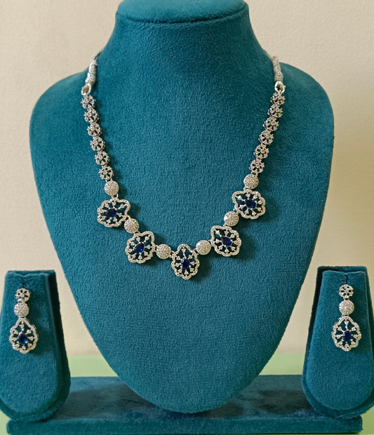 Alloy Plated American Diamond Blue Studded Stone Necklace Set