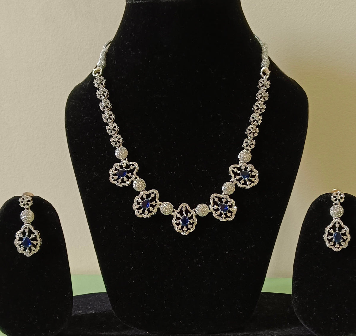 Alloy Plated American Diamond Blue Studded Stone Necklace Set