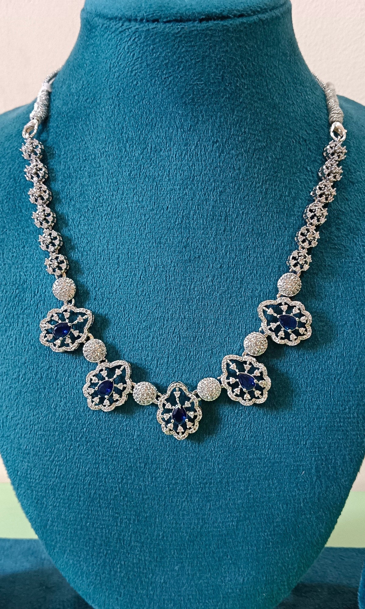Alloy Plated American Diamond Blue Studded Stone Necklace Set