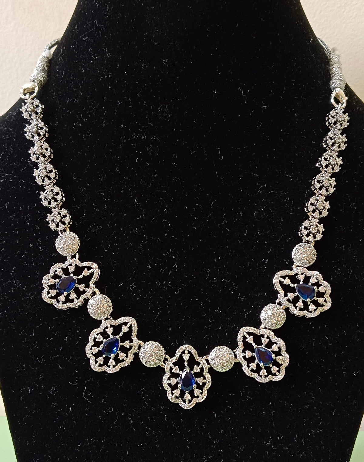 Alloy Plated American Diamond Blue Studded Stone Necklace Set