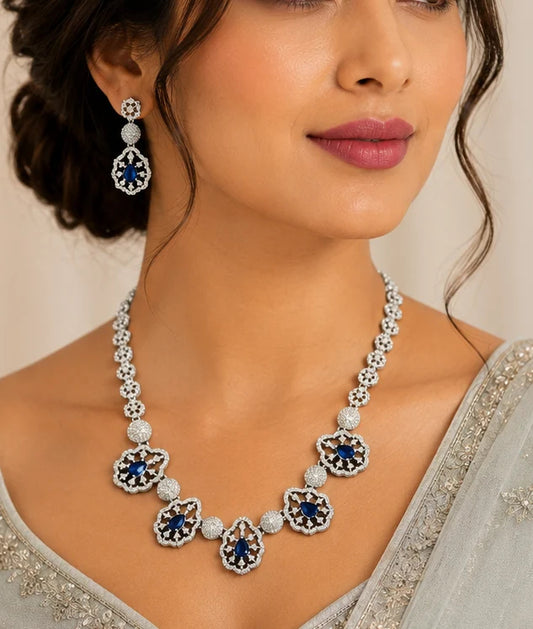 Alloy Plated American Diamond Blue Studded Stone Necklace Set