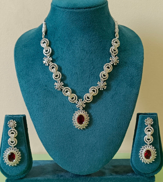 Silver Plated American Diamond Stone Studded Red Pendant Necklace Set