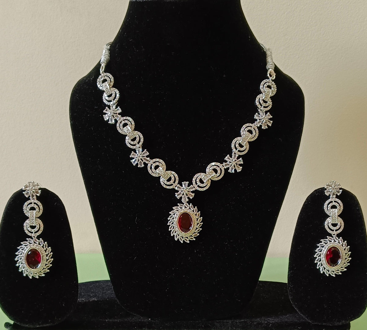 Silver Plated American Diamond Stone Studded Red Pendant Necklace Set