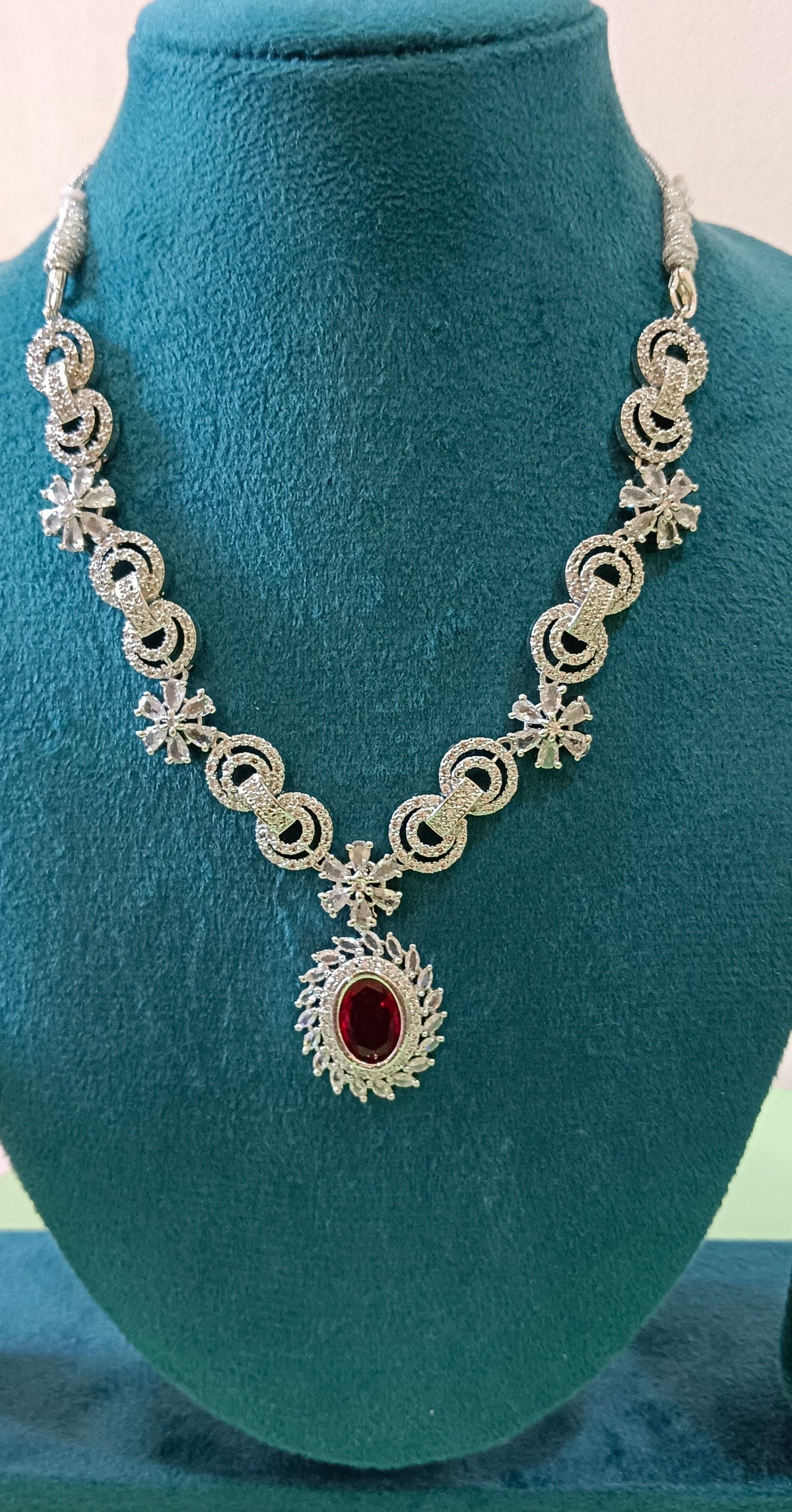 Silver Plated American Diamond Stone Studded Red Pendant Necklace Set
