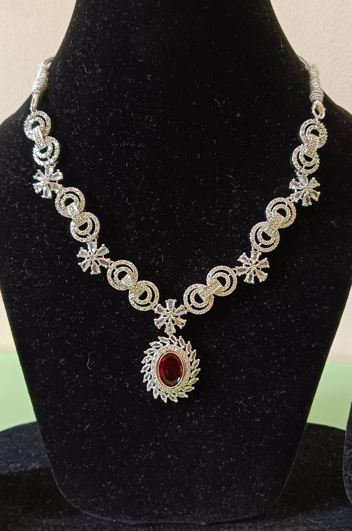 Silver Plated American Diamond Stone Studded Red Pendant Necklace Set