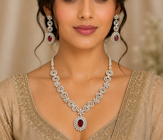Silver Plated American Diamond Stone Studded Red Pendant Necklace Set