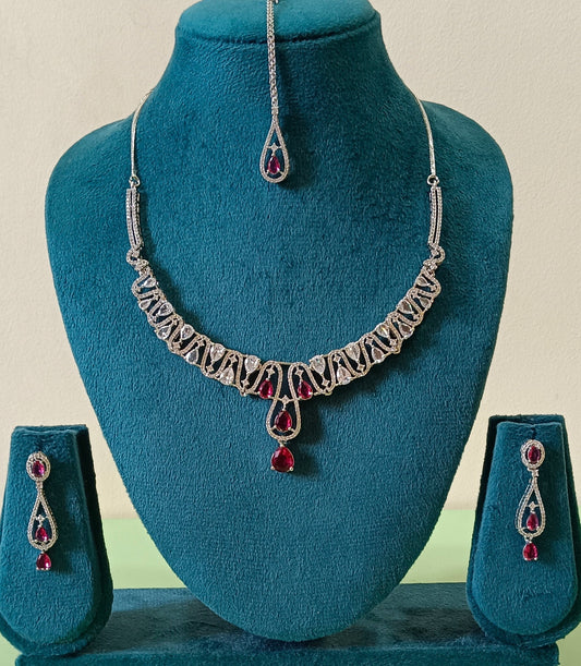 AD Silver Tone Finish with White Stone and Red Tear Drop Accents Hasli Necklace Set