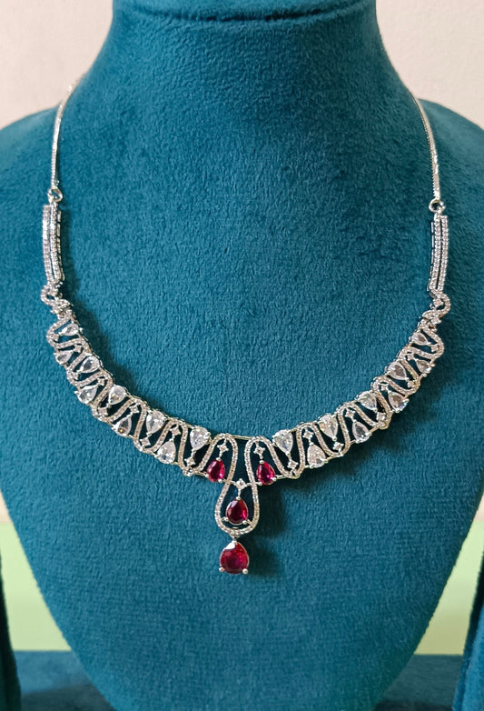 AD Silver Tone Finish with White Stone and Red Tear Drop Accents Hasli Necklace Set