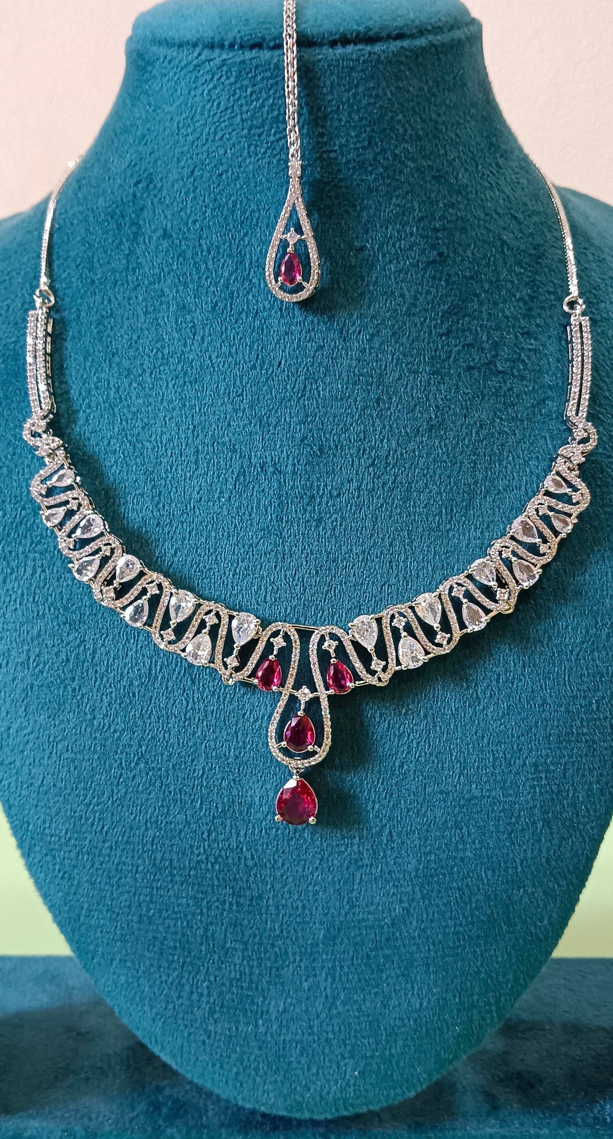 AD Silver Tone Finish with White Stone and Red Tear Drop Accents Hasli Necklace Set