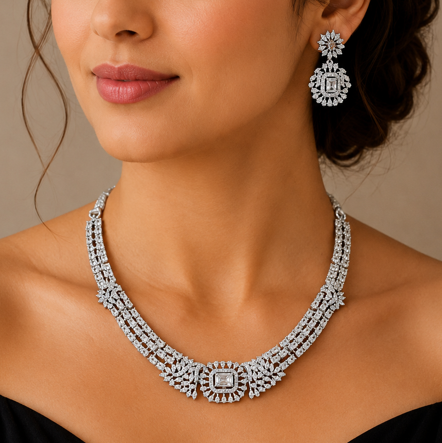 American Diamond Stone Studded Hasli Style Designer Necklace Set
