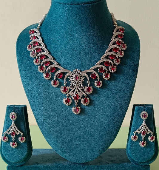 Rhodium Plated American Diamond Premium Ruby Necklace Set