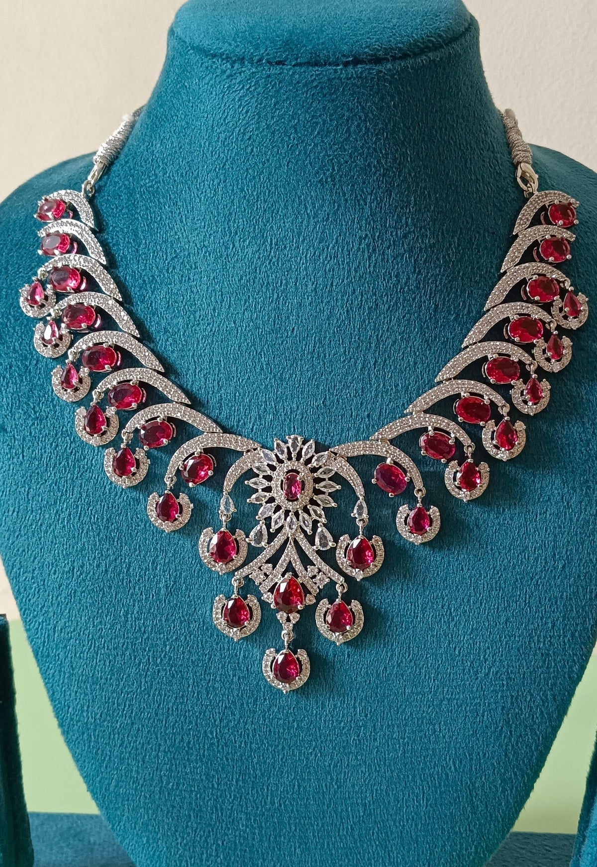 Rhodium Plated American Diamond Premium Ruby Necklace Set