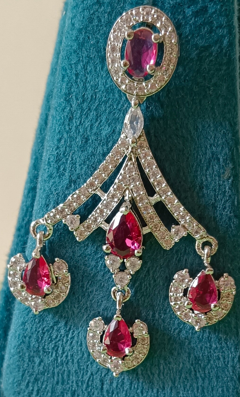 Rhodium Plated American Diamond Premium Ruby Necklace Set