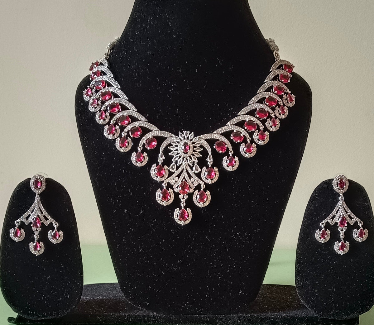 Rhodium Plated American Diamond Premium Ruby Necklace Set