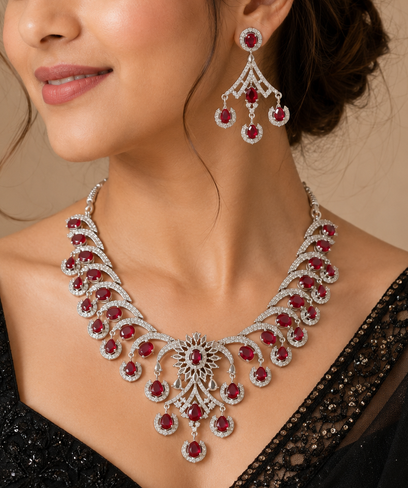 Rhodium Plated American Diamond Premium Ruby Necklace Set