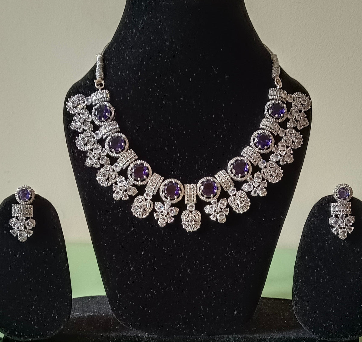 American Diamond Violet Stone Studded Queen Necklace Set