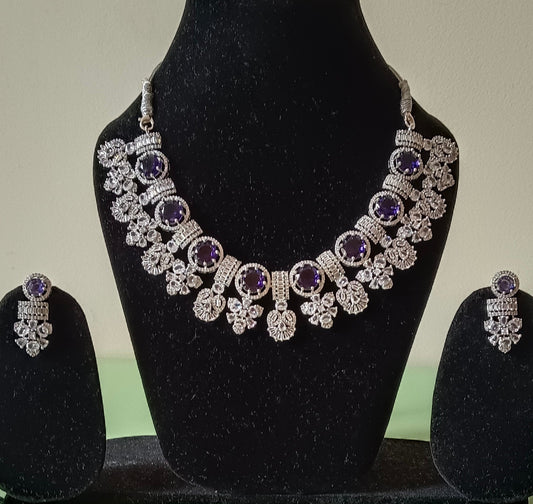 American Diamond Violet Stone Studded Queen Necklace Set
