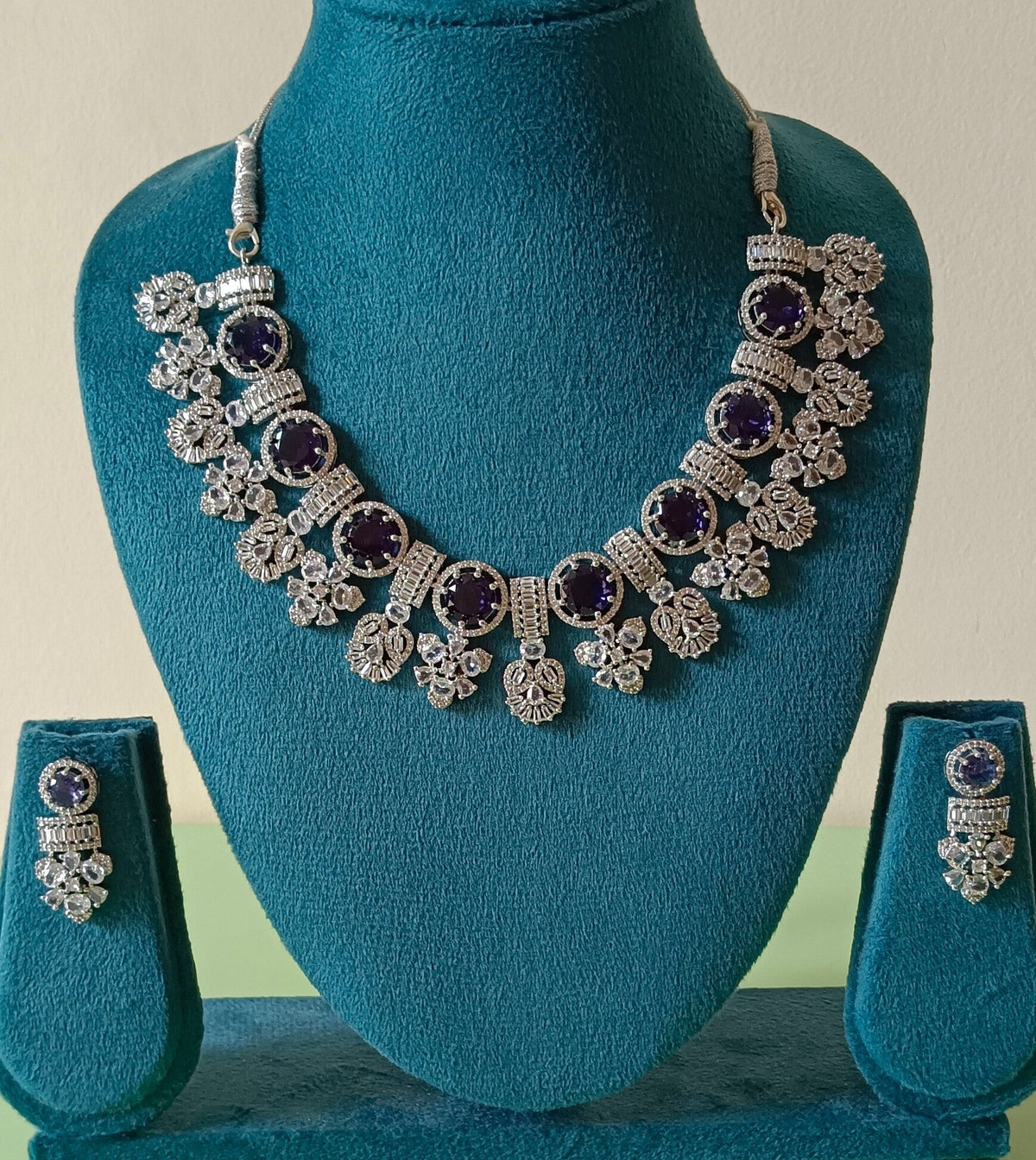 American Diamond Violet Stone Studded Queen Necklace Set