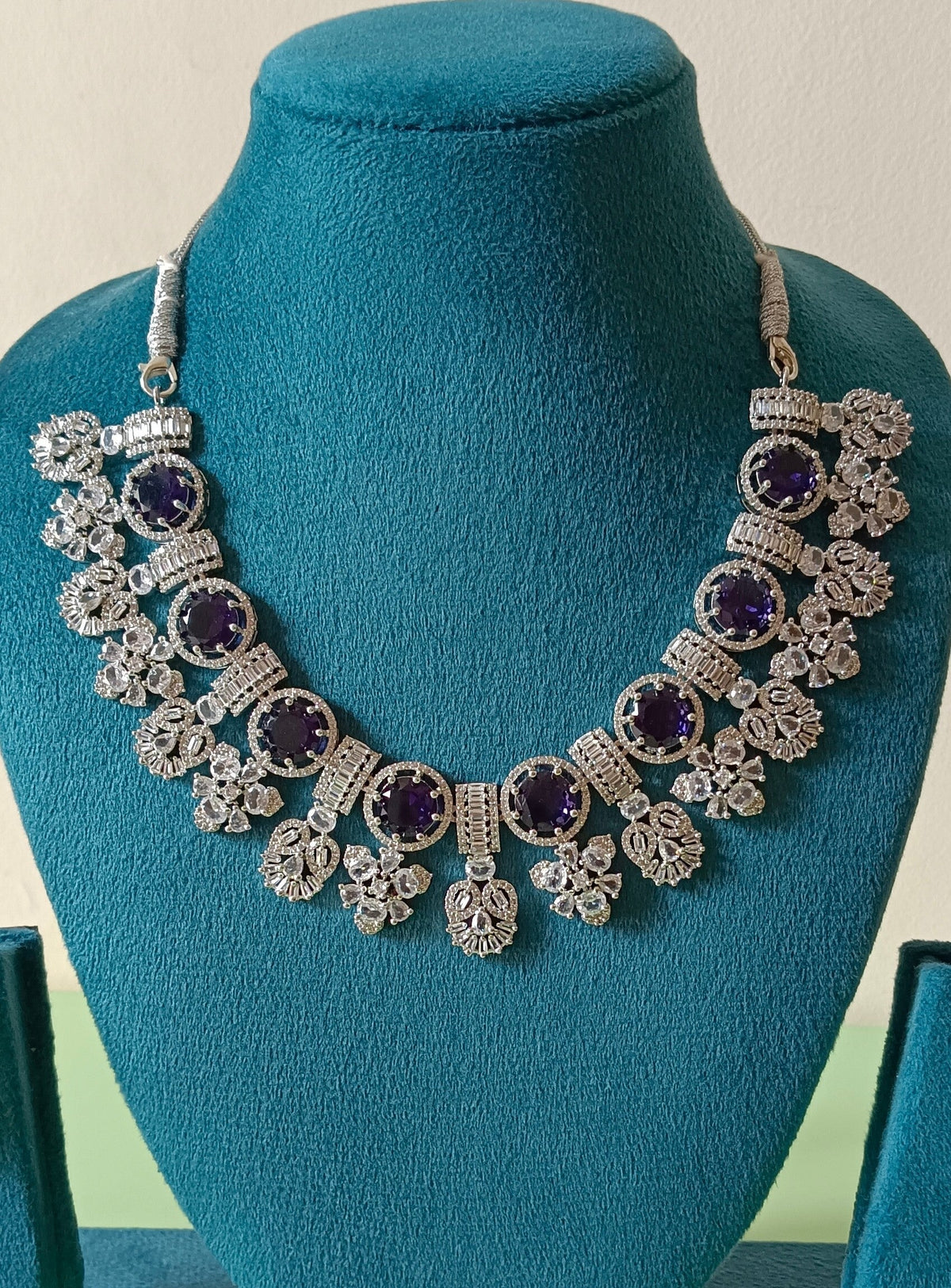 American Diamond Violet Stone Studded Queen Necklace Set