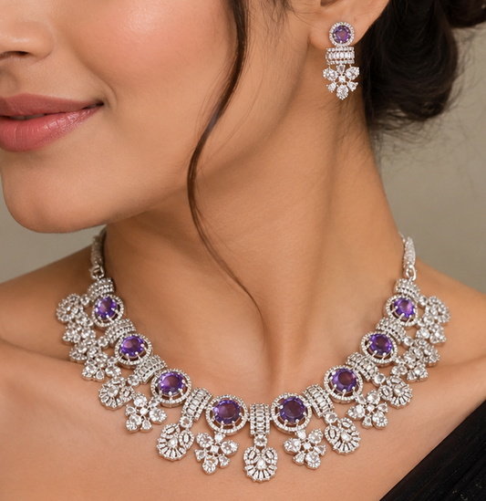 American Diamond Violet Stone Studded Queen Necklace Set