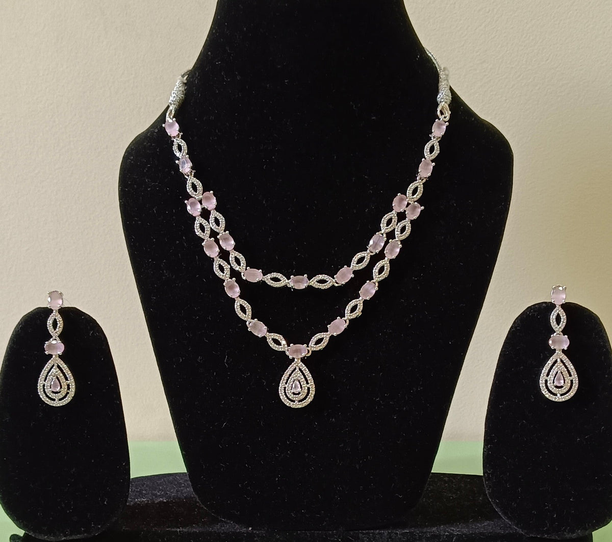 AD Double Layer Pink Tear Drop Pendant Necklace Set