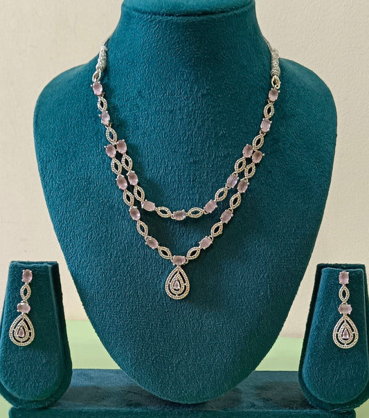 AD Double Layer Pink Tear Drop Pendant Necklace Set