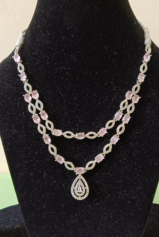 AD Double Layer Pink Tear Drop Pendant Necklace Set
