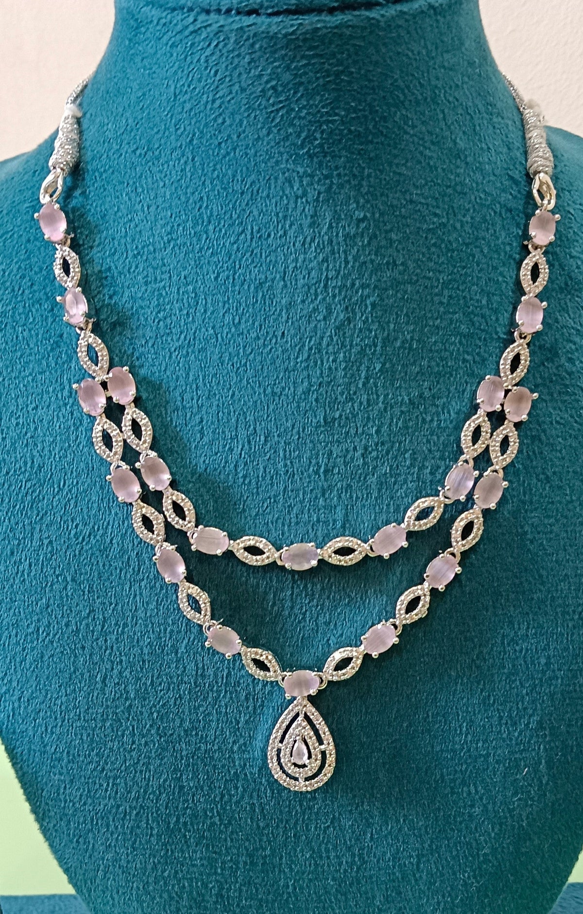 AD Double Layer Pink Tear Drop Pendant Necklace Set