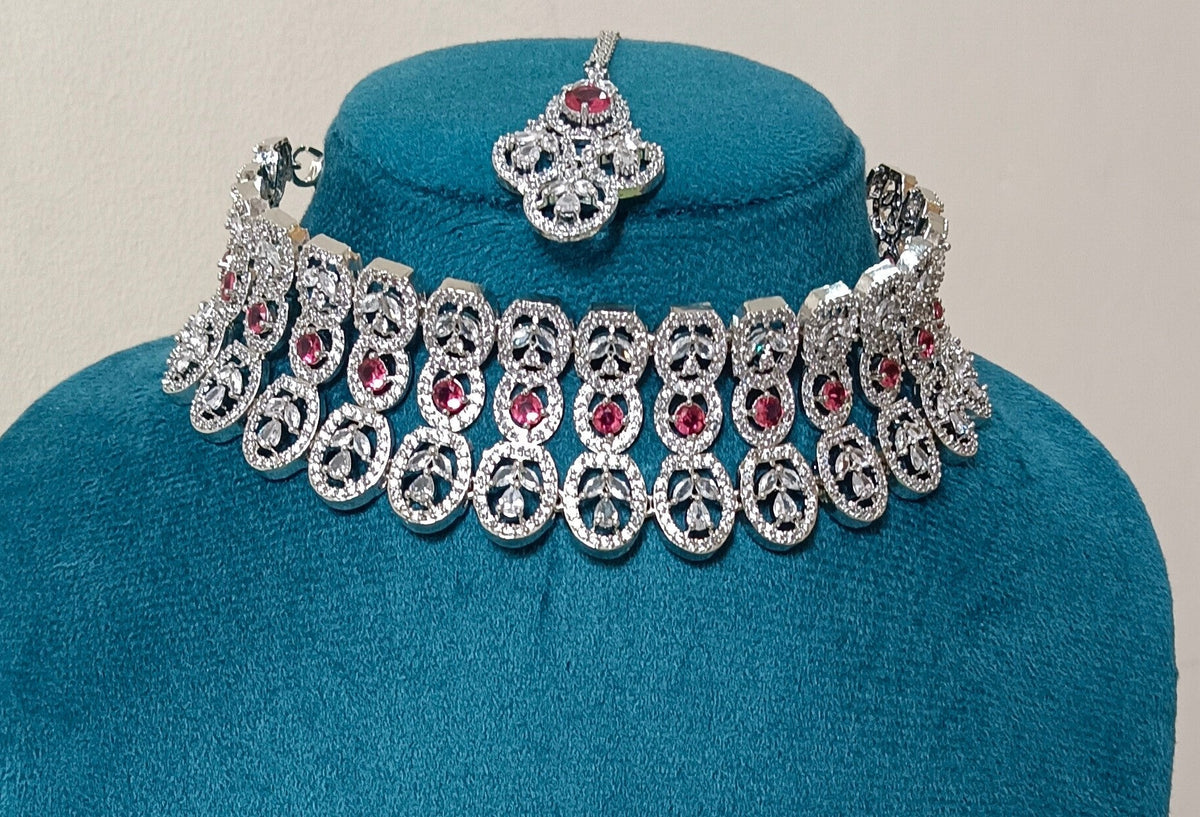 AD Red Stone Studded Premium Quality Choker Necklace Set