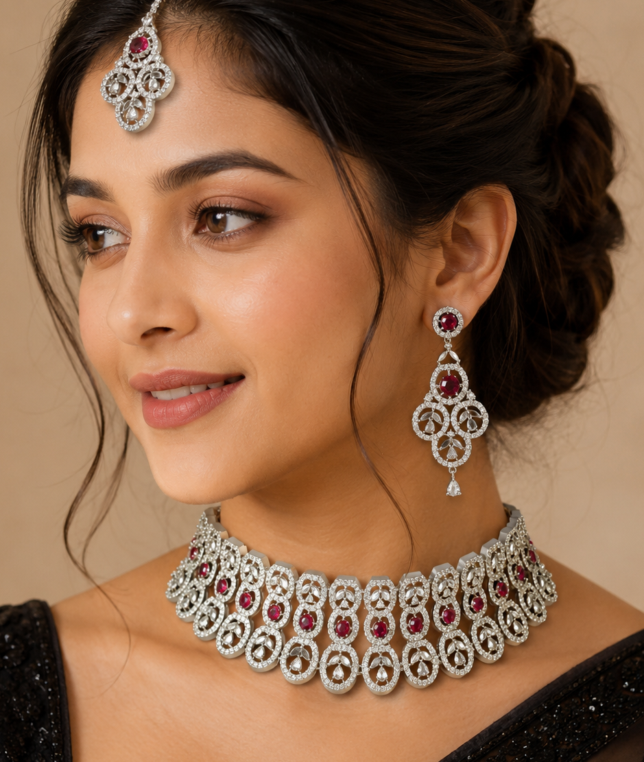 AD Red Stone Studded Premium Quality Choker Necklace Set