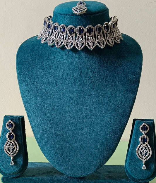 AD Blue Studded Stone Premium Quality Choker Necklace Set