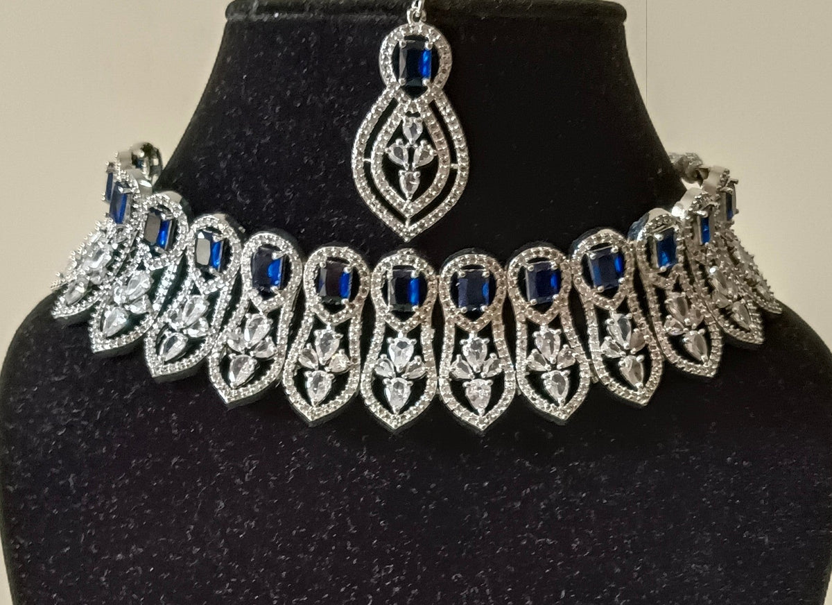 AD Blue Studded Stone Premium Quality Choker Necklace Set