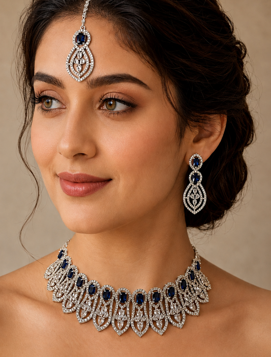 AD Blue Studded Stone Premium Quality Choker Necklace Set