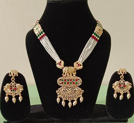 Traditional Pearl Necklace Set with Temple Style Pendant