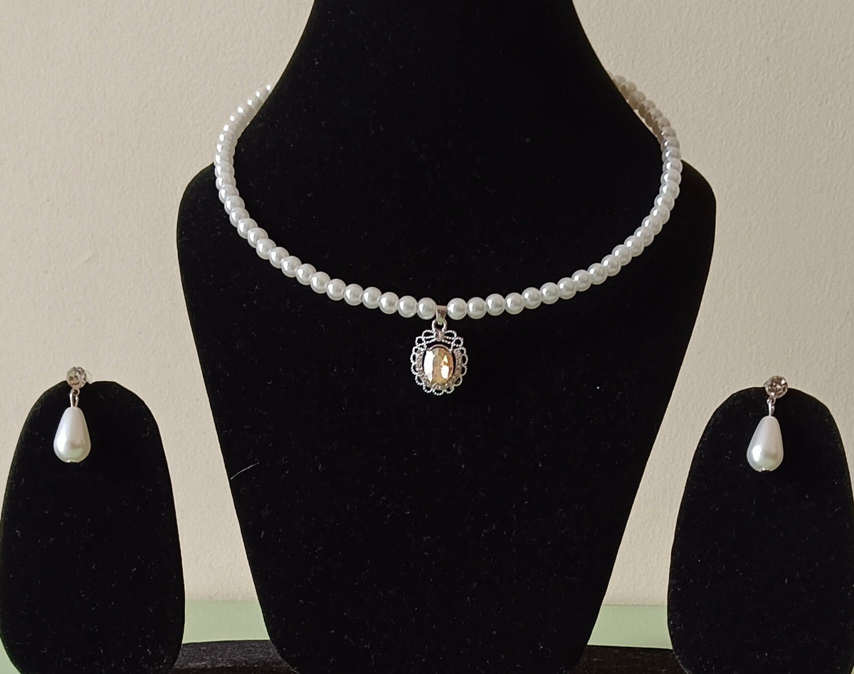 Pearl and Amber Suite Necklace Set with Orange  Oval Pendant
