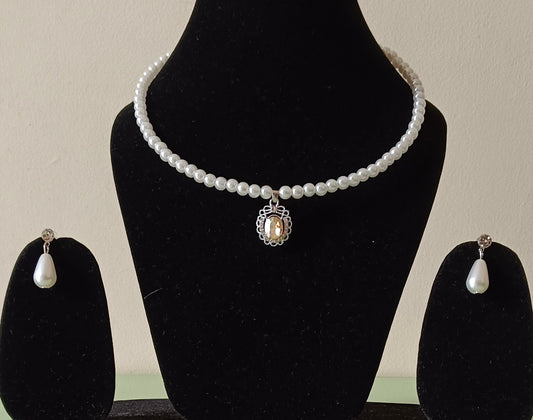 Pearl and Amber Suite Necklace Set with Orange  Oval Pendant