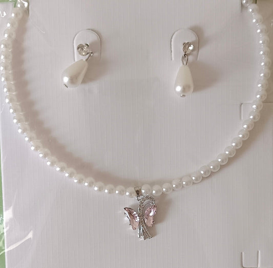 Pearl Traditional Necklace Set with Pink Butterly Pendant