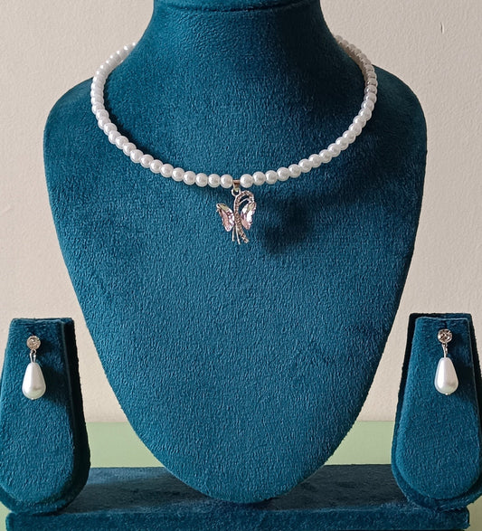 Pearl Traditional Necklace Set with Pink Butterly Pendant