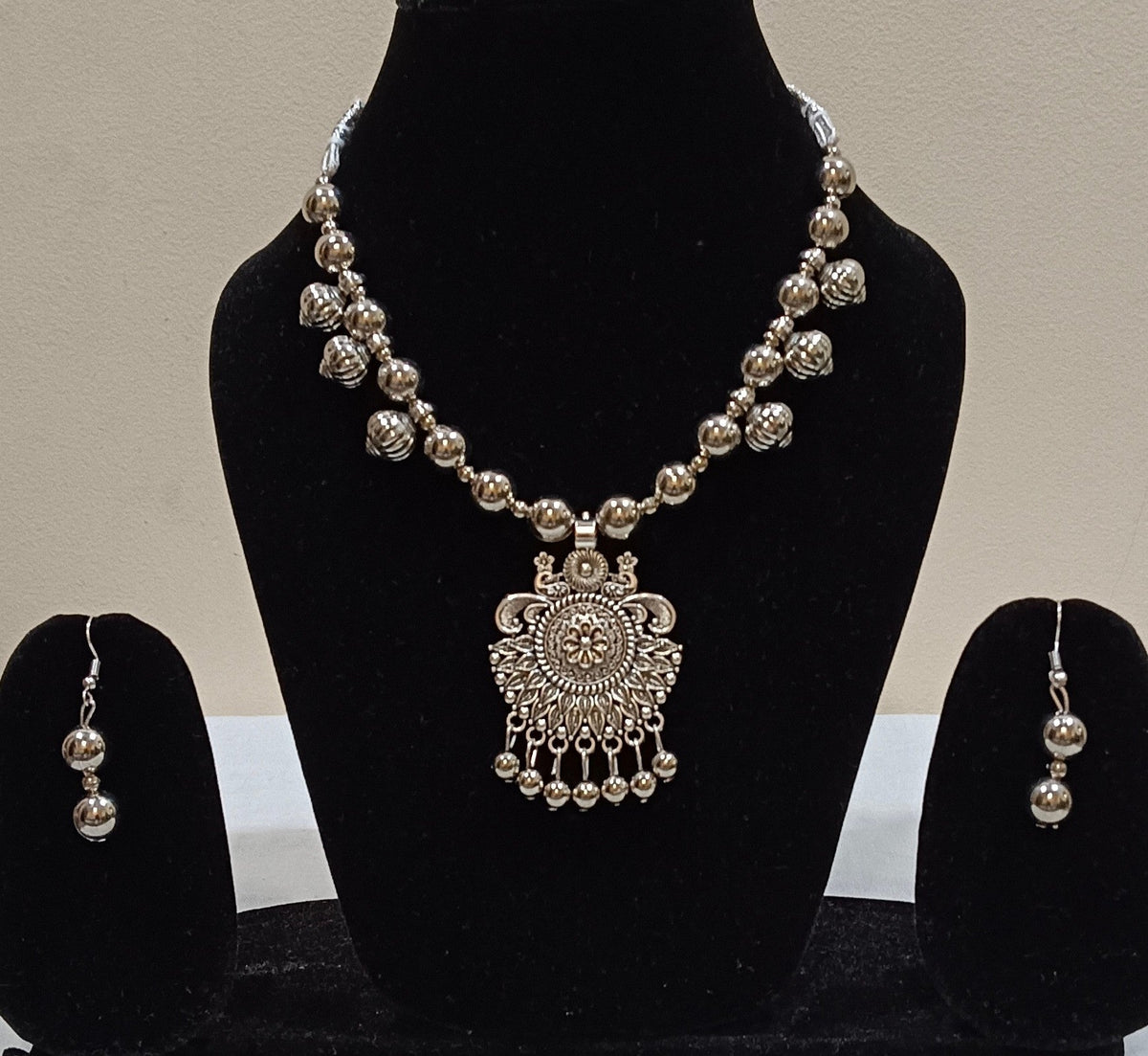 Pack of 2 Oxidized Silver Mandala Sun and Flower Design Necklace Set