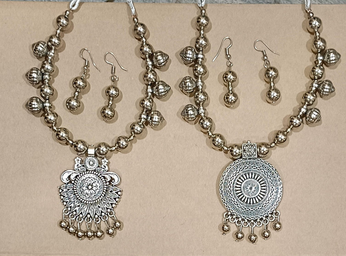 Pack of 2 Oxidized Silver Mandala Sun and Flower Design Necklace Set