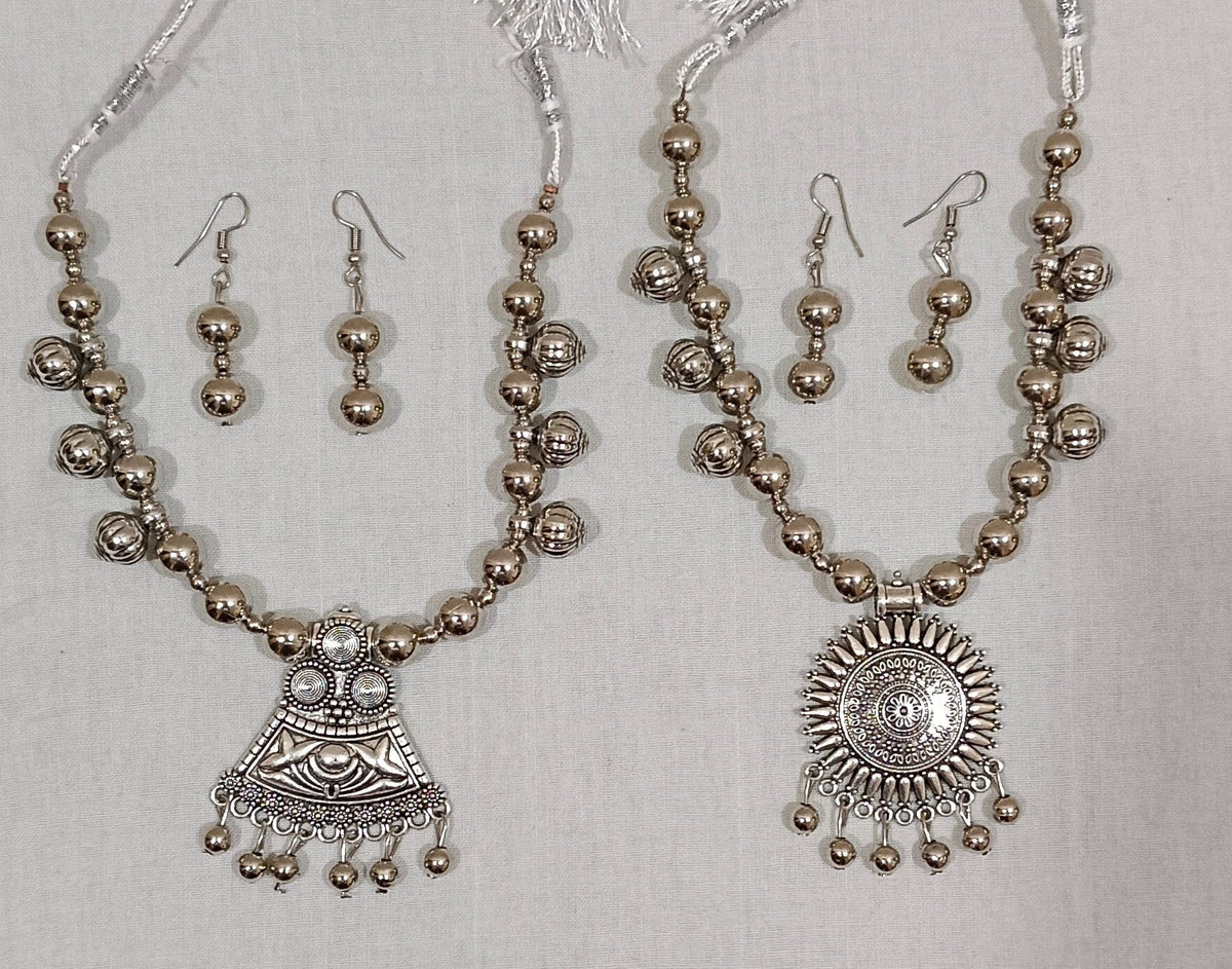 Pack of 2 Oxidized Silver Mandala Tri-Pendant and Circular Design Necklace Set