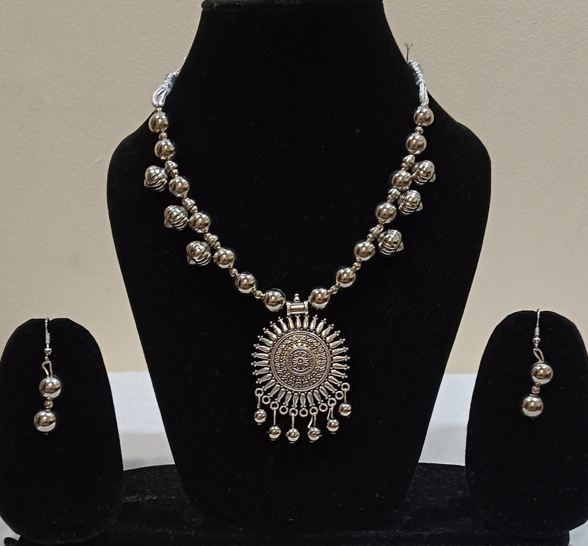 Pack of 2 Oxidized Silver Mandala Tri-Pendant and Circular Design Necklace Set